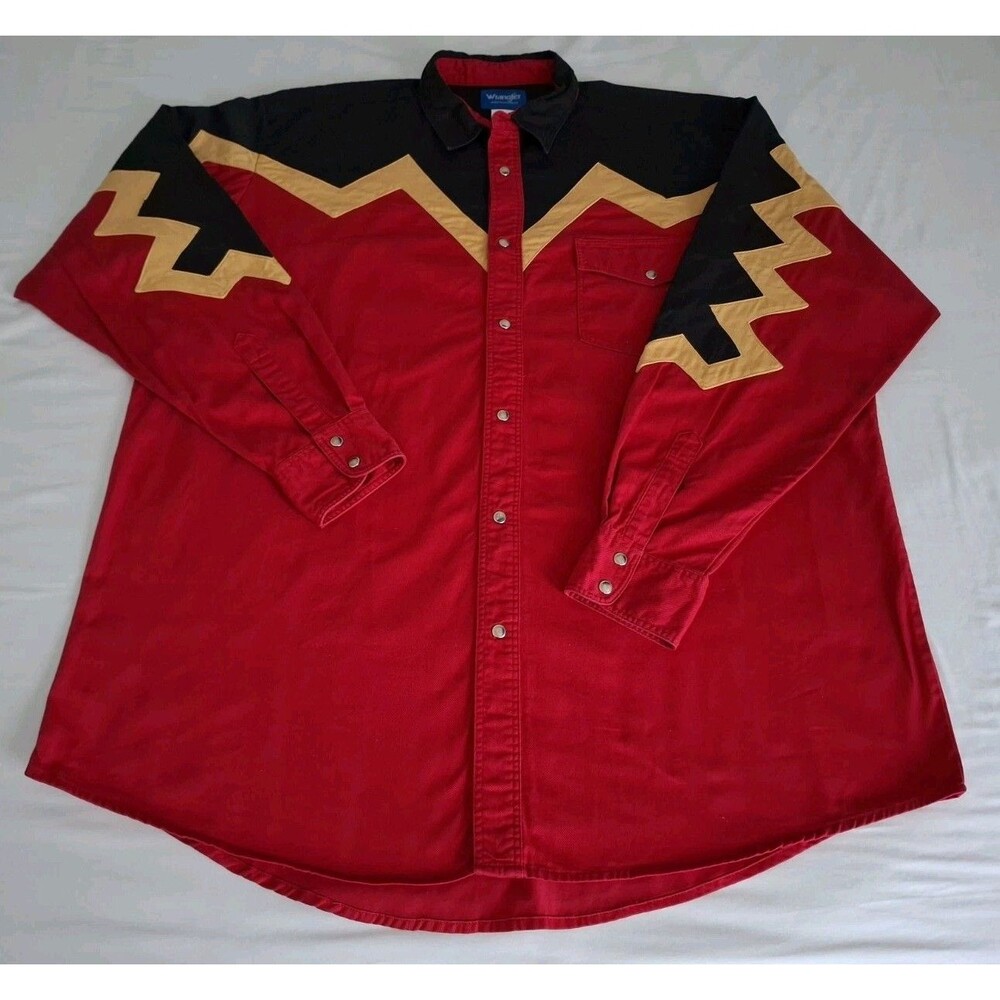 Vtg Mens Wrangler Snap Shirt Western Rodeo Cotton LS Red Blk Yellow Sz 2XL Read!